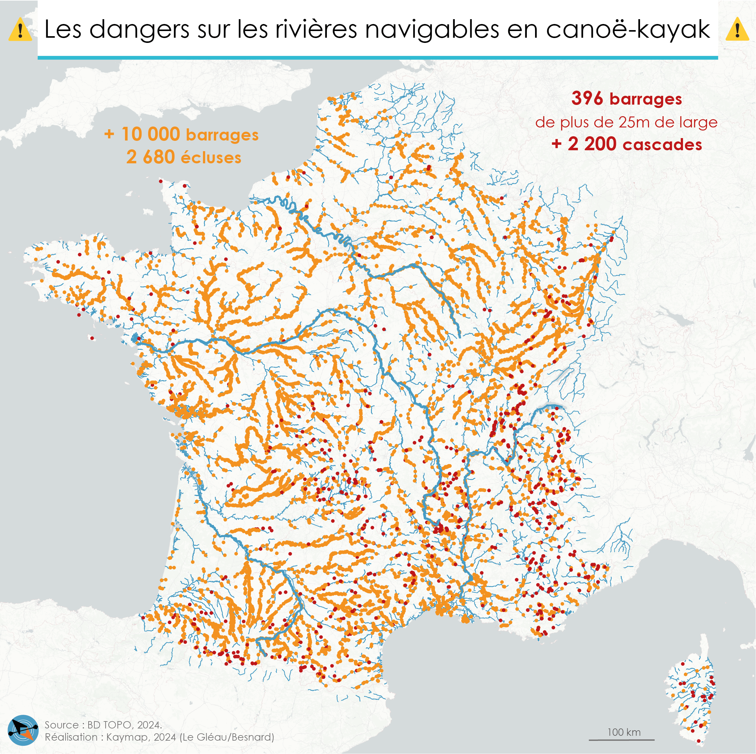 Carte des zones de danger et obstacles sur les cours d’eau